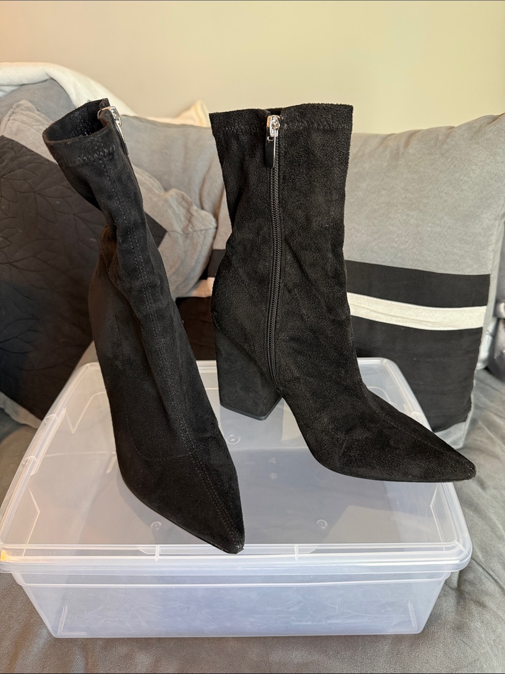 Nine West Black Suede Pointed Toe Boots with Block Heel